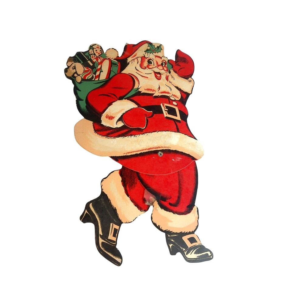 Vintage 1950s Santa Claus Die Cut Cardboard Decoration Movable Jointed 11"